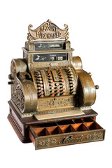 Old-time cash register in a shop. Isolated on white background.