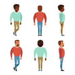 Full length portraits of young men posing back, front and side view cartoon vector illustration