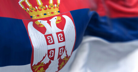 Close-up view of the Serbia national flag waving in the wind