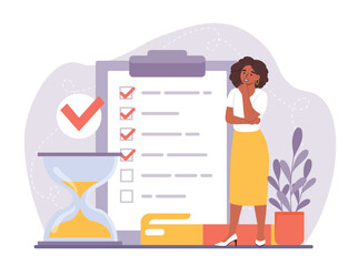 Business landing concept. Woman near piece of paper checks targets and goals. Time management and organization of effective workflow. Motivation and leadership. Cartoon flat vector illustration
