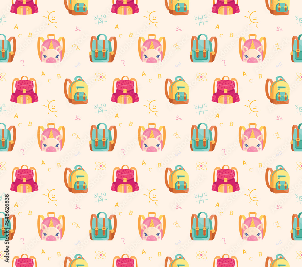 Poster seamless pattern with backpacks. repeating design element for printing on fabric. september 1 and in