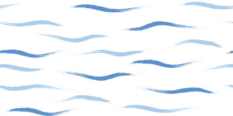 Seamless Wave Pattern, Hand drawn cute water vector background. Watercolor sea brush smears, baby paint lines design