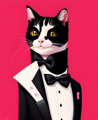 Incredibly bright portrait of a cat in a tuxedot, jacket. super cute fluffy cat, fur cat, in clothes