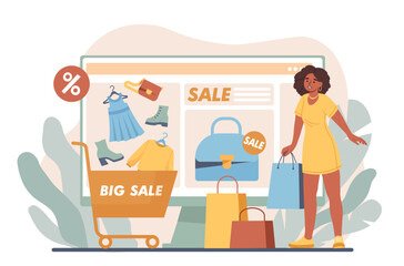 Woman in online shop. Young girl with package chooses goods on computer screen. Modern technologies and home delivery. Electronic payment and shopping on Internet. Cartoon flat vector illustration