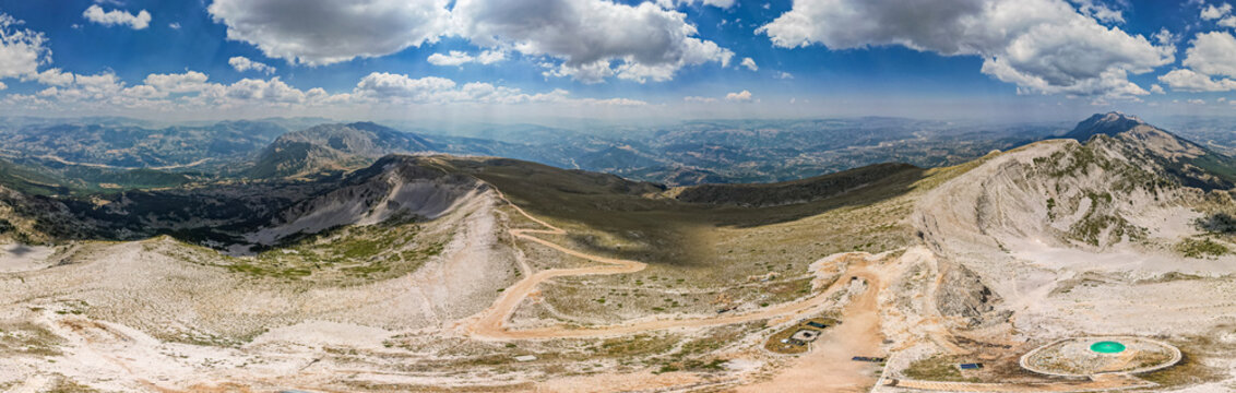 Drone Panorama Of Mount Tomorr In The Tomorr National Park With Shrine (tyrbe) Of Abbas Ibn Ali On The Top In Summer, Albania