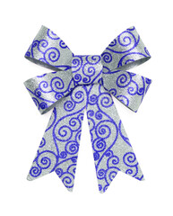 Transparent PNG Beautiful Bow with Silver Glitter and Blue Curly Design.