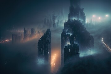 Mesmerizing Shot Of The Skyscrapers Of A City Covered In Mist At Night