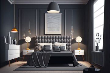 Modern Room With Trendy Gray Interiors, Large King-Size And Lamps