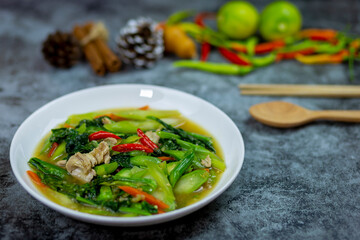 My lunch today stir fried kale with pork is healthy food rich in proteins, vitamins and minerals.