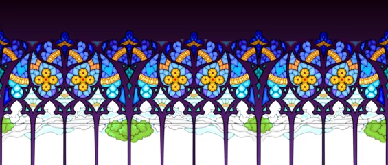 Stickers fenêtre Coloré Stained glass decoration. Seamless pattern ornament. Style of Gothic windows. Print for fabric, wallpaper, background, banner, design. Vector illustration.