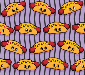 Colorful kawaii hot dogs Seamless pattern vector illustration. Design for textile, wallpaper, print packaging paper, banner, poster, flyer, card or brochure.