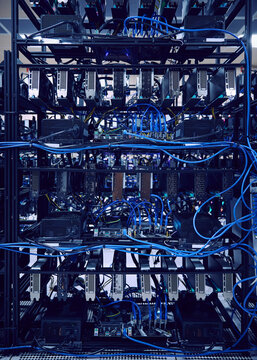 Close-up&nbsp;of computer cables and hard drives in server room