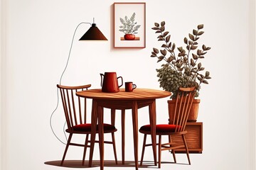 2D Illustrated Dining Room Interior With Round Brown Wooden Table, Two Chairs, Red Book, Cups Of Coffee Or Tea, Lamp, Plant In Pot And Photo Frames On Wall Isolated On White Background