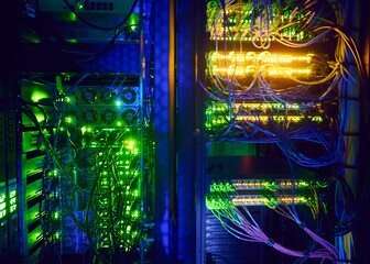 Illuminated network cables in server room