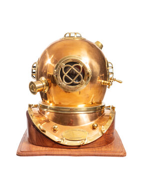 Old metal diving helmet. The device for immersion under water. The study of the deep sea.