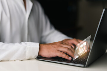 Businessman using  laptop for shopping online on virtual screen find products on sale. e-commerce, internet banking, spending money concept , purchase product sale.