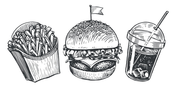 Fast Food set vintage. Burger, french fries and cola with ice in cup sketches. Vector illustration in retro style