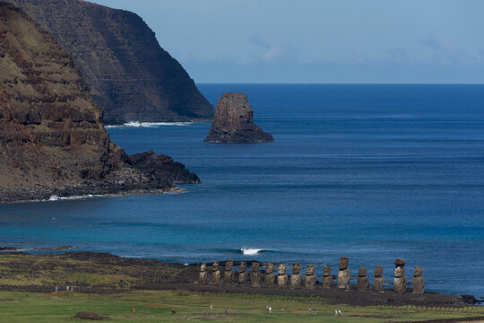 View of ocean and moan statues on Easter Island