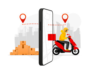 Fast delivery package by scooter on mobile phone. Order package online by app. Tracking courier by map application. Vector illustration.
