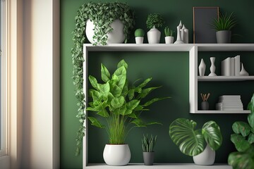 Interior Wall With Green Plant,Green Wall And Shelf.3D Rendering