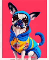 Incredibly bright portrait of a dog in hoodie. super cute puppy in clothes