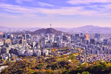 Keuken spatwand met foto A bird's-eye view of the metropolis of Seoul from the top of the mountain, 산위에서 내려다본 대도시 서울의 조감도 © MINHO