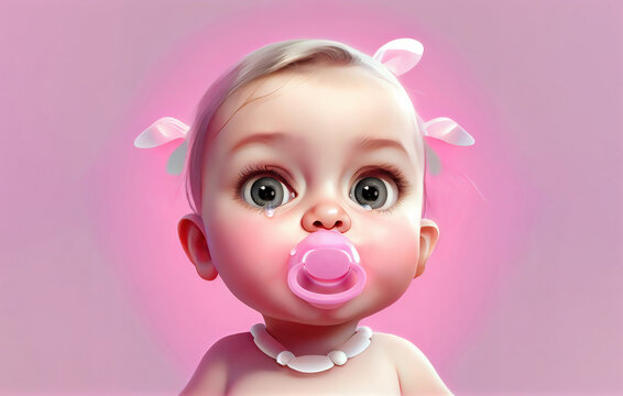 illustration of baby infant girl very cute sad in tears with pacifier in mouth on isolated pink background, digital painting in 3D cartoon movies style