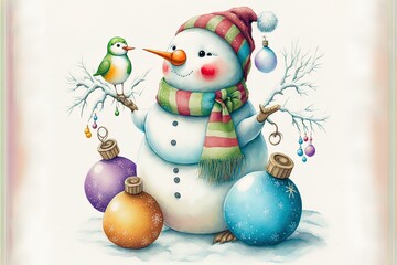 Fototapeta premium Watercolor Illustration Illustration Of Cute Snowman Character With Christmas Ornaments