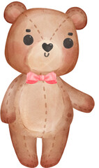 cute Valentine brown teddy bear with red bow watercolour hand drawing 