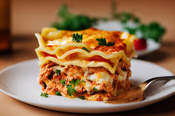 freshly baked lasagna with meat, cheese and tomato sauce lies on a white plate