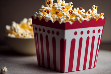 cinema popcorn in a red and white paper box