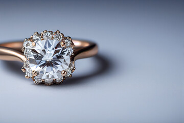 a gold engagement ring with a diamond lies on a light background