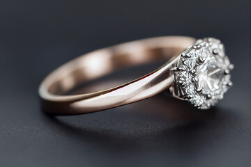a gold engagement ring with a diamond lies on a dark background