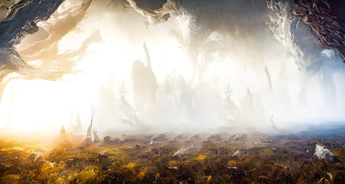 Bright light fog in forest clearing. Background illustration, digital matte painting