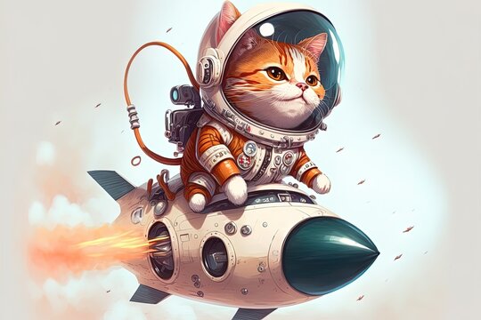 Cute Cat Astronaut Riding Rocket Cartoon Character. Animal Technology Isolated.