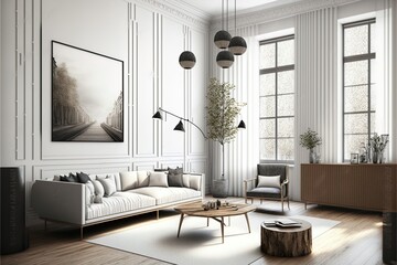 3D Rendering3D Illustration Interior Scene And Modern Minimalist Style Living Room With White Walls And Wood