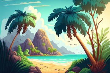 Obraz na płótnie Canvas Beach Landscape Constructor. Sandy Beaches, Tropical Palms, Mountains And Hills. Ocean Horizon, Clouds And Green Trees Cartoon Illustration Cartoon Style.
