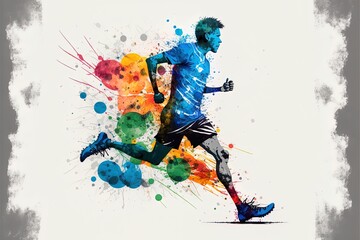 Fototapeta na wymiar Abstract Soccer Player Running With The Ball From Splash Of Watercolors. Illustration Of Paints.