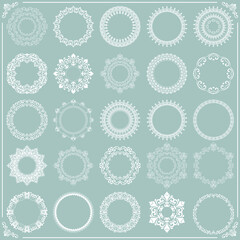 Vintage set of light blue and white vector round elements. Different elements for design frames, cards, menus, backgrounds and monograms. Classic patterns. Set of vintage patterns