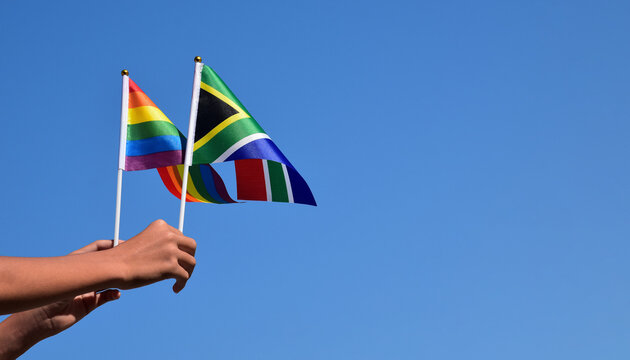  South Africa and rainbow flag, LGBT symbol, holding in hands, bluesky background, concept for LGBT celebration in south africa in pride month, June, soft and selective focus, copy space.
