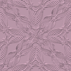 Textured floral line art 3d seamless pattern. Ornamental relief wavy lines background. Repeat embossed pink backdrop. Surface abstract lines flowers, waves. 3d hand drawn stripes waves ornaments