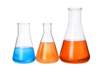 Laboratory glassware with colorful liquids on white background