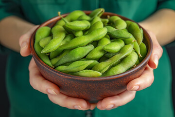 Woman holding bowl with green edamame beans in pods on black background, closeup
