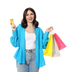 Beautiful young woman with paper shopping bags and credit card on white background