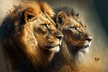 Lion And Lioness In Different Actions Illustration - obrazy, fototapety, plakaty