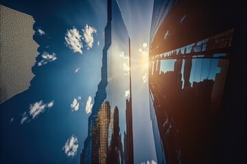Modern Tower Buildings Or Skyscrapers In Business District, Reflection Of Cloud On Sunny Day In Chicago, Usa.
