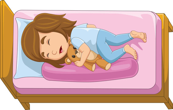 Cartoon little girl sleeping with stuffed bear in bed