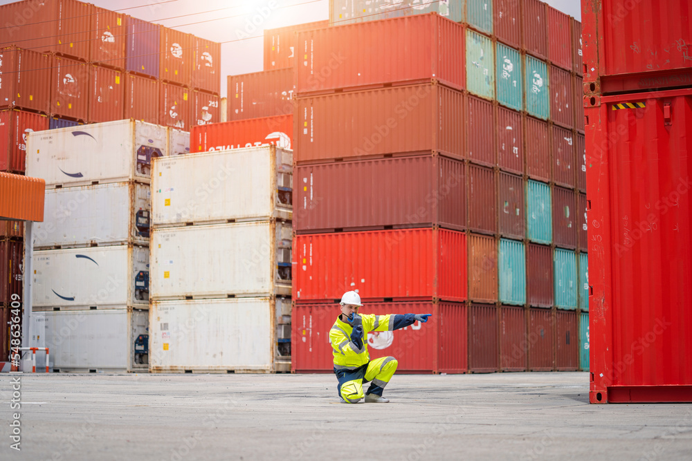 Poster Foreman control loading containers box for logistic Import and export,Container Shipping Logistics concept.