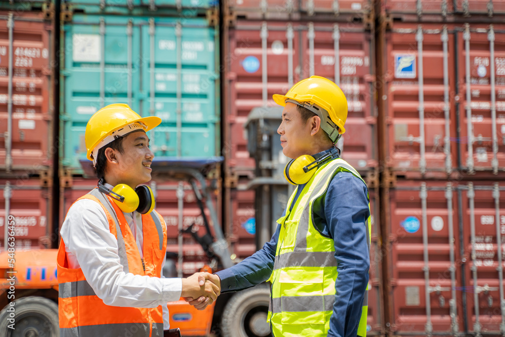 Poster Engineering with worker team stack hands after checking or inspect many containers in stockyard,Success and winning concept.