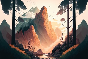 2D Illustrated Illustration Of A Mountain Landscape